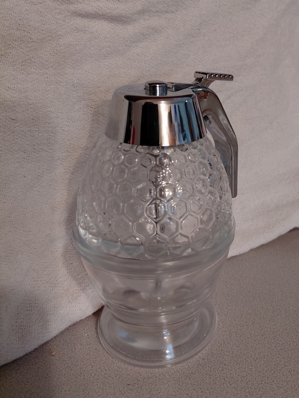 Clear Glass Honey Dispenser with Silver Lid And Stand🍯